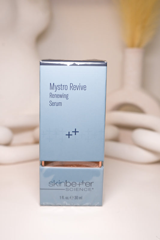 Mystro Revive Renewing Serum packaging on a neutral background