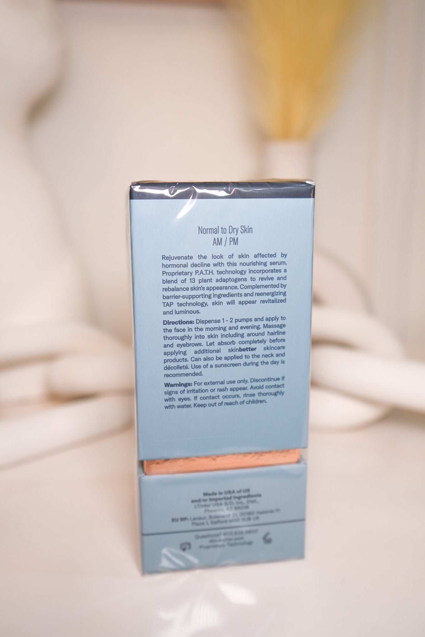 Product packaging with text on a neutral background